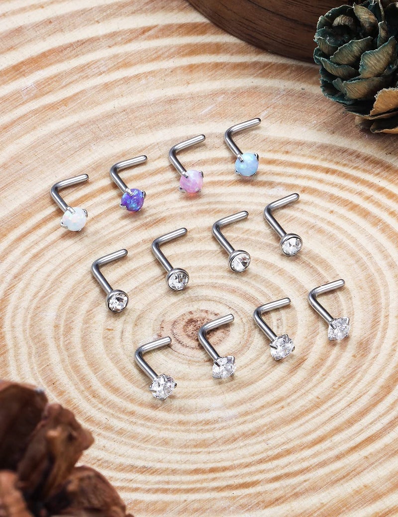 Cisyozi 22G Nose Rings Studs for Women Men Stainless Surgical Steel Silver L Shaped Bent Nose Nostril Rings Stud Set Piercing Jewelry for Women Men 1.5mm Diamond CZ Opal - Image 2